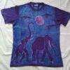 T-shirt batik unisex. Two elephants male in rut the trunk in the air follow a female in front and Three elephants mother and two babies in the back, blue. 70 x 42 cm.