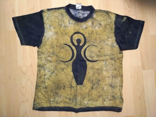 T-shirt batik for children unisex. In front goddess of love and the sun and on the back abstract of a piler, yellow, purple and white. 55,5 x 38,5 cm. - Image 3